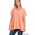 thumbnail image 1 of Zenana Women's Relaxed Fit Gauge Rolled Short Sleeve Raw Edge V-Neck T-Shirt Tunic, 1 of 1