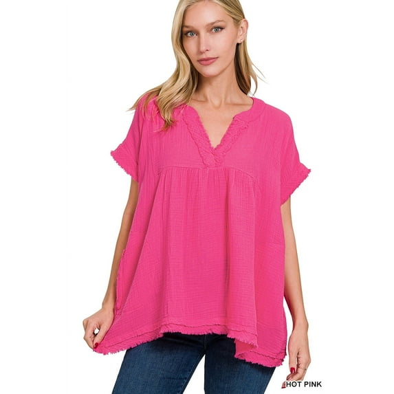 Zenana Women's Relaxed Fit Gauge Rolled Short Sleeve Raw Edge V-Neck T-Shirt Tunic