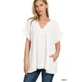 thumbnail image 1 of Zenana Women's Relaxed Fit Gauge Rolled Short Sleeve Raw Edge V-Neck T-Shirt Tunic, 1 of 3