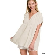 ZENANA Women's Relaxed Fit Gauge Rolled Short Sleeve Raw Edge V-Neck T-Shirt Tunic