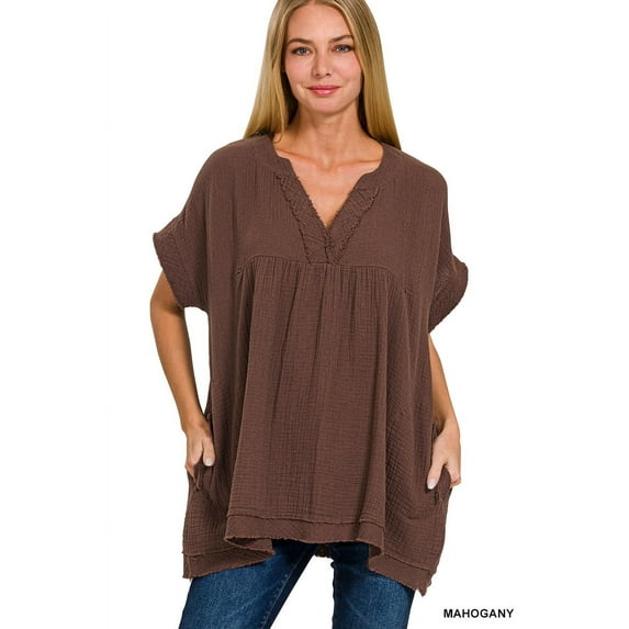 Zenana Women's Relaxed Fit Gauge Rolled Short Sleeve Raw Edge V-Neck T-Shirt Tunic