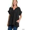 thumbnail image 1 of Zenana Women's Relaxed Fit Gauge Rolled Short Sleeve Raw Edge V-Neck T-Shirt Tunic, 1 of 3