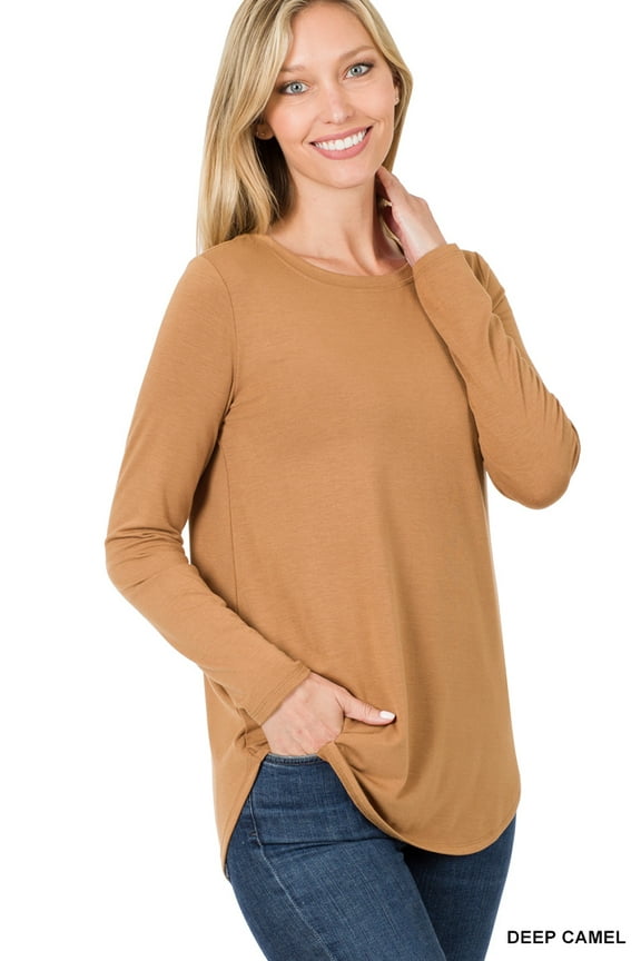 Women's Relaxed Fit Long Sleeve Round Neck & Hem Jersey Tee Shirt Top