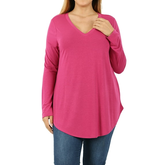 Zenana Women's Relaxed Fit Long Sleeve V-Neck Round Hem Jersey Tee Shirt Top