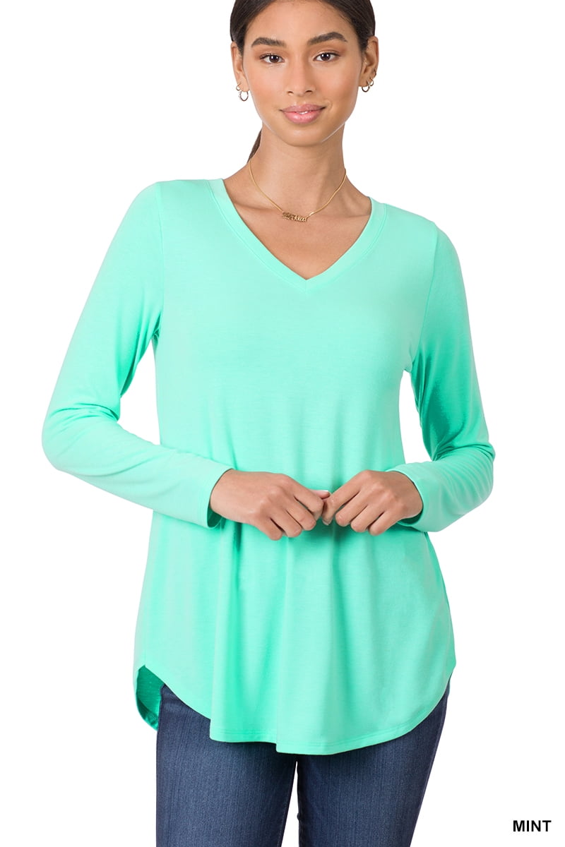Zenana Women's Relaxed Fit Long Sleeve VNeck Round Hem Jersey Tee