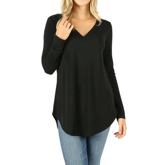 Zenana Women's Relaxed Fit Long Sleeve V-Neck Round Hem Jersey Tee Shirt Top