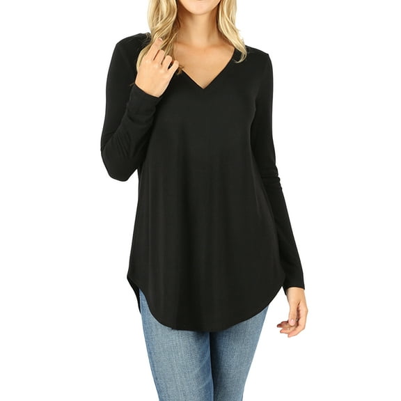 Zenana Women's Relaxed Fit Long Sleeve V-Neck Round Hem Jersey Tee Shirt Top
