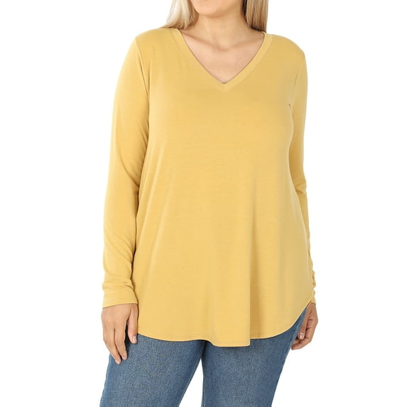 Zenana Women's Relaxed Fit Long Sleeve V-Neck Round Hem Jersey Tee Shirt Top