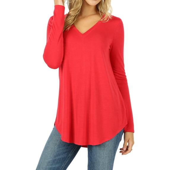 Zenana Women's Relaxed Fit Long Sleeve V-Neck Round Hem Jersey Tee Shirt Top
