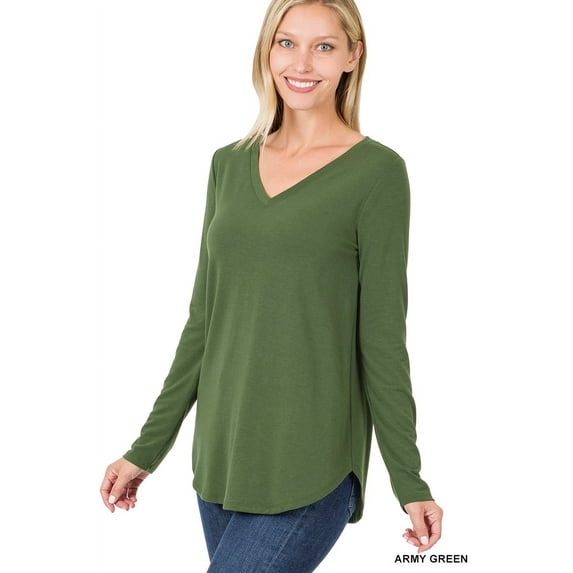 Zenana Women's Relaxed Fit Long Sleeve V-Neck Round Hem Jersey Tee Shirt Top