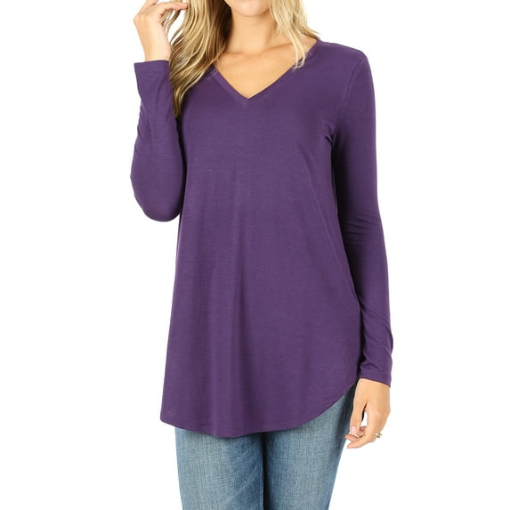 Zenana Women's Relaxed Fit Long Sleeve V-Neck Round Hem Jersey Tee Shirt Top