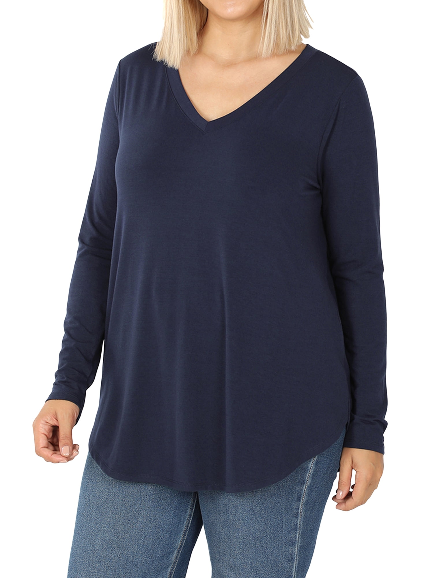 Zenana Women's Relaxed Fit Long Sleeve VNeck Round Hem Jersey Tee