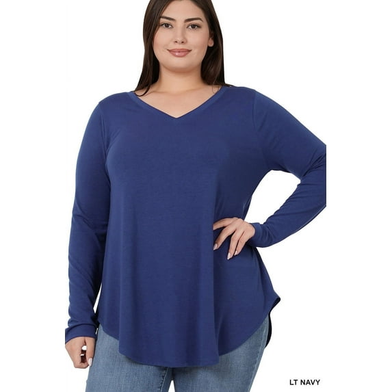 Zenana Women's Relaxed Fit Long Sleeve V-Neck Round Hem Jersey Tee Shirt Top