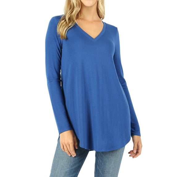 Zenana Women's Relaxed Fit Long Sleeve V-Neck Round Hem Jersey Tee Shirt Top