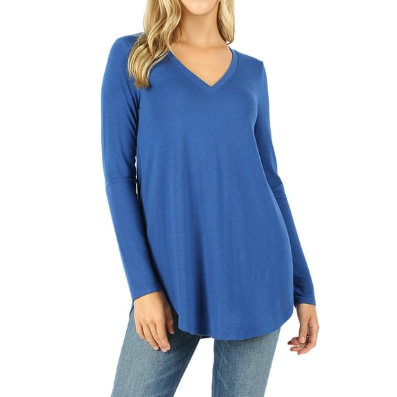 Zenana Women's Relaxed Fit Long Sleeve V-Neck Round Hem Jersey Tee Shirt Top