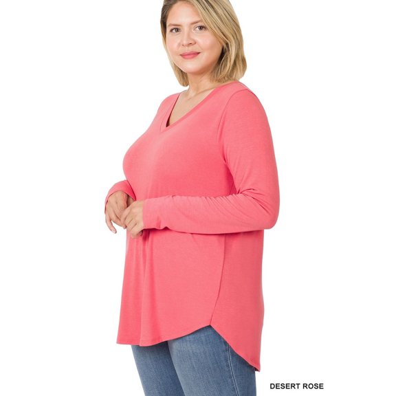 Zenana Women's Relaxed Fit Long Sleeve V-Neck Round Hem Jersey Tee Shirt Top