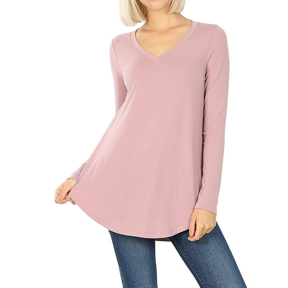 Zenana Women's Relaxed Fit Long Sleeve V-Neck Round Hem Jersey Tee Shirt Top
