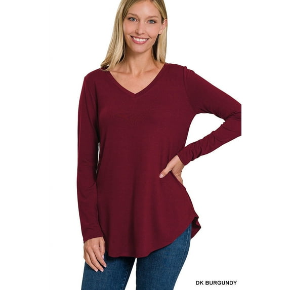 Zenana Women's Relaxed Fit Long Sleeve V-Neck Round Hem Jersey Tee Shirt Top