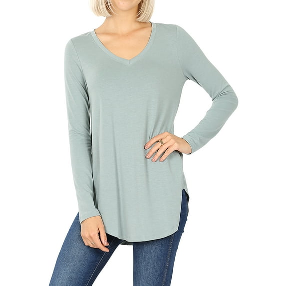 Zenana Women's Relaxed Fit Long Sleeve V-Neck Round Hem Jersey Tee Shirt Top
