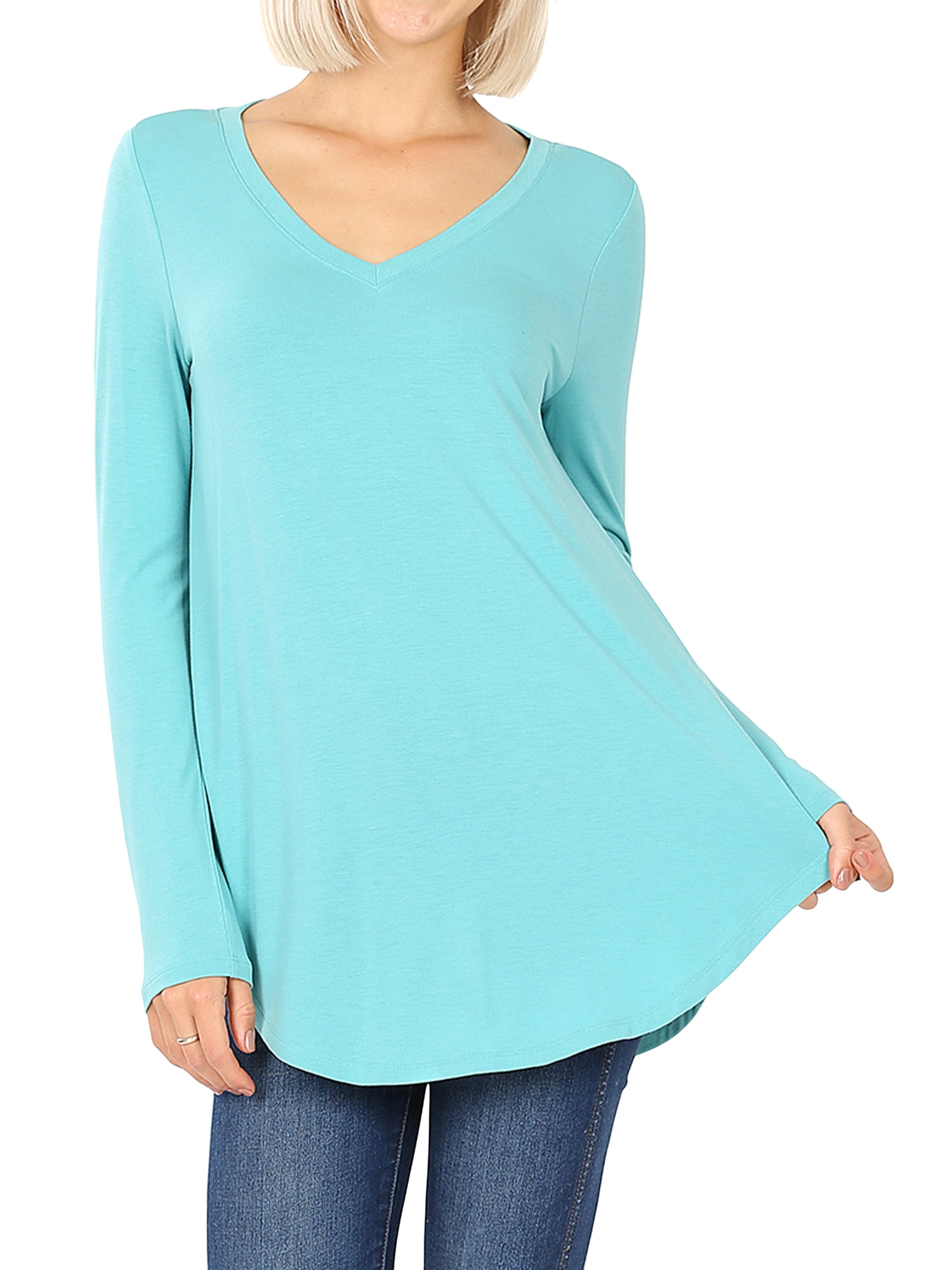 Zenana Women's Relaxed Fit Long Sleeve VNeck Round Hem Jersey Tee