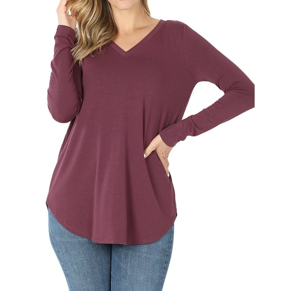 Zenana Women's Relaxed Fit Long Sleeve V-Neck Round Hem Jersey Tee Shirt Top