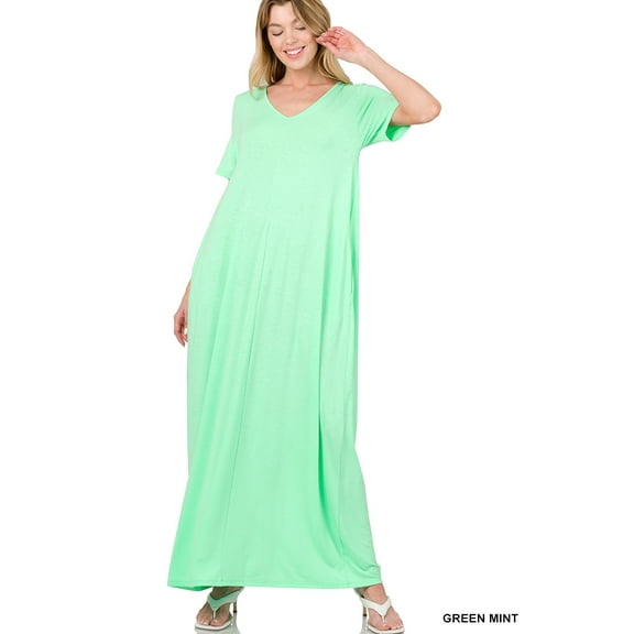 Zenana Women's Relaxed Fit V-Neck Short Sleeve Full Length Maxi Long Dress w/ Side Pockets
