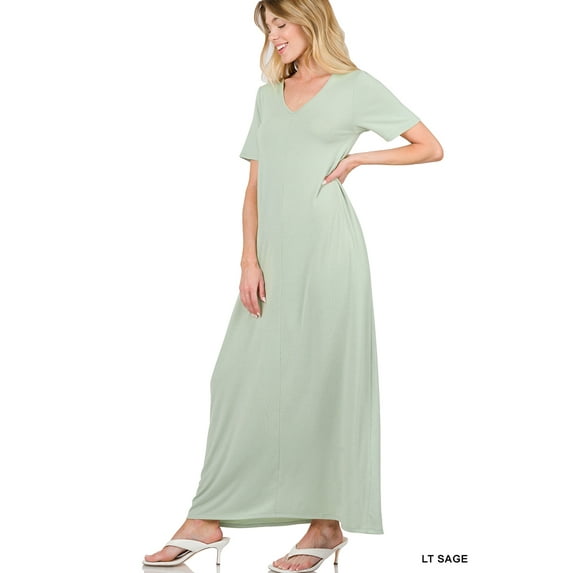 Zenana Women's Relaxed Fit V-Neck Short Sleeve Full Length Maxi Long Dress w/ Side Pockets