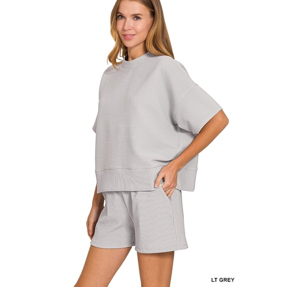 Zenana Women's Ribbed Round Neck Short Sleeve Tee Shirt & Waistband Shorts Set