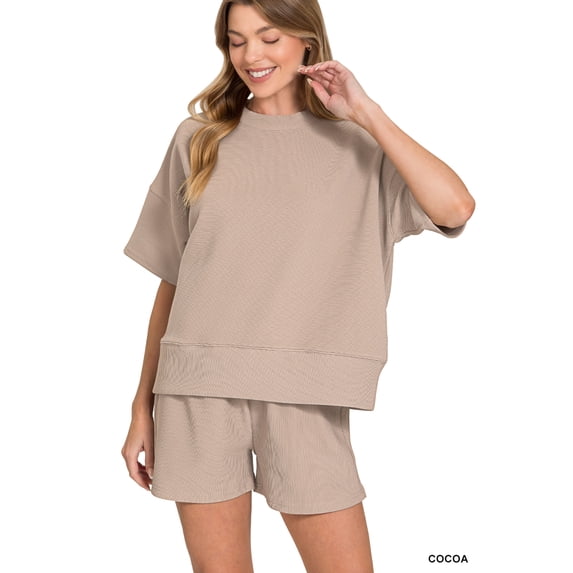 Zenana Women's Ribbed Round Neck Short Sleeve Tee Shirt & Waistband Shorts Set
