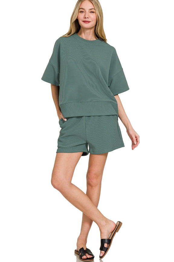 Women's Ribbed Round Neck Short Sleeve Tee Shirt & Waistband Shorts Set