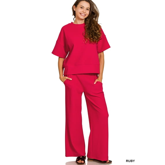 Zenana Women's Ribbed Round Neck Short Sleeve Tee & Wide Leg Pants Set