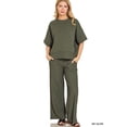 thumbnail image 1 of Zenana Women's Ribbed Round Neck Short Sleeve Tee & Wide Leg Pants Set, 1 of 5