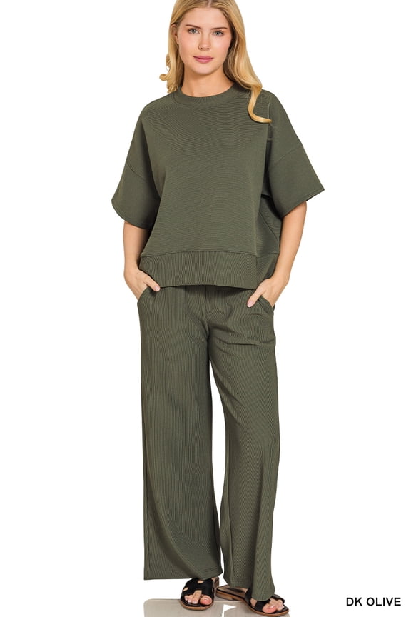 Women's Ribbed Round Neck Short Sleeve Tee & Wide Leg Pants Set