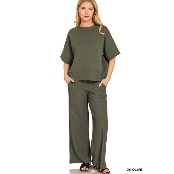 Zenana Women's Ribbed Round Neck Short Sleeve Tee & Wide Leg Pants Set