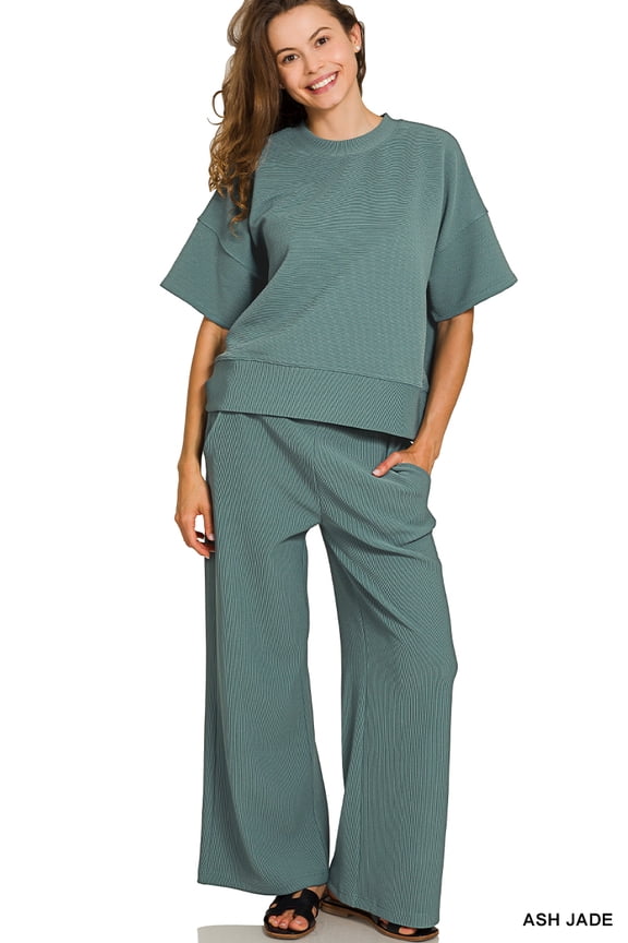 Women's Ribbed Round Neck Short Sleeve Tee & Wide Leg Pants Set