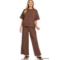 thumbnail image 1 of Zenana Women's Ribbed Round Neck Short Sleeve Tee & Wide Leg Pants Set, 1 of 5