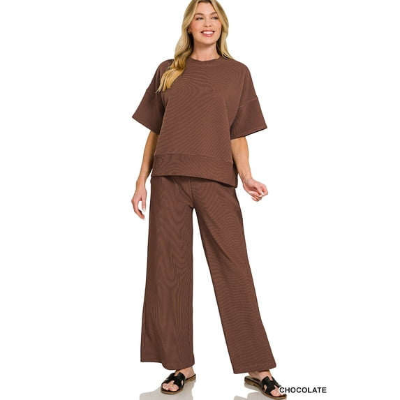 Zenana Women's Ribbed Round Neck Short Sleeve Tee & Wide Leg Pants Set