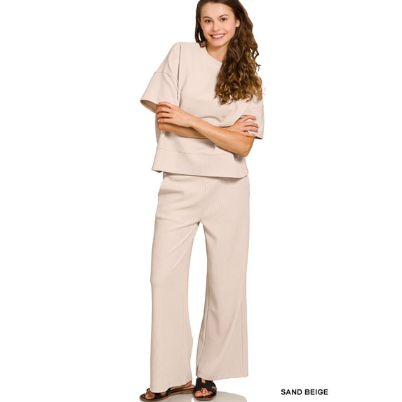 Zenana Women's Ribbed Round Neck Short Sleeve Tee & Wide Leg Pants Set