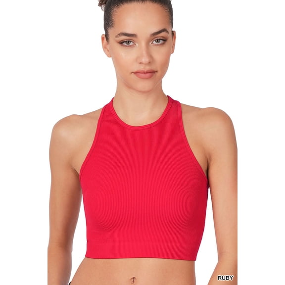 Zenana Women's Ribbed Seamless High Neck Nylon Cropped Racerback Tank Top