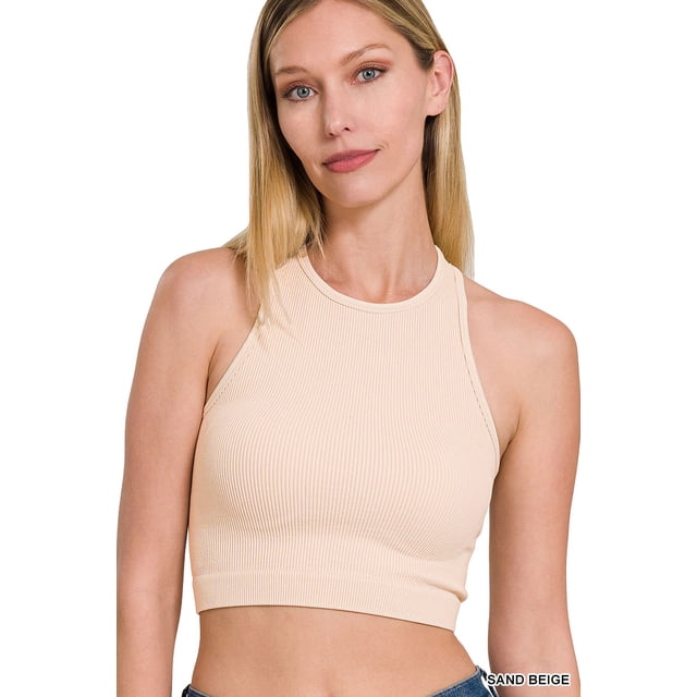 Zenana Women's Ribbed Seamless High Neck Nylon Cropped Racerback Tank Top