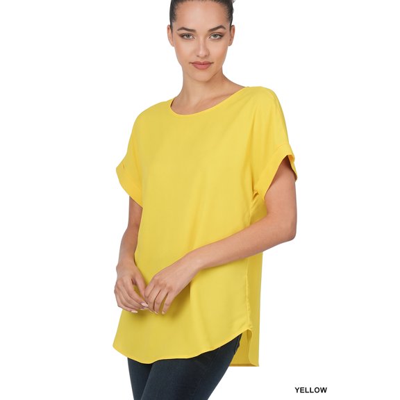 Zenana Women's Round Neck Heavy Woven Boat Neck Rolled Short Sleeve Blouse Top