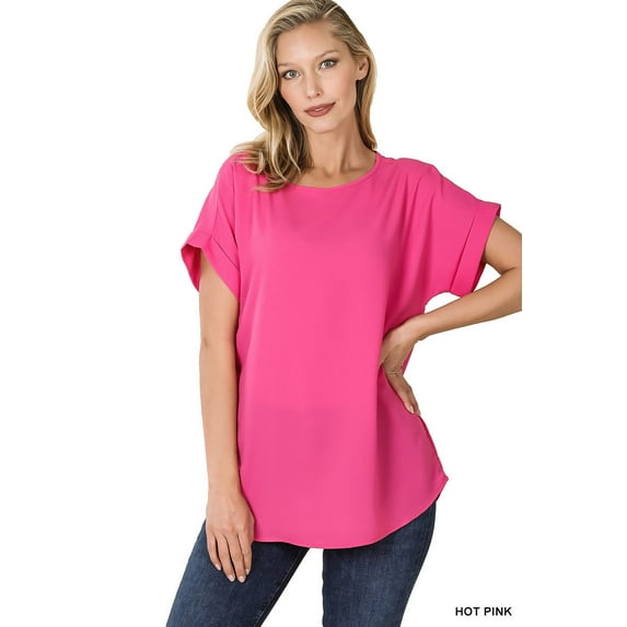 Zenana Women's Round Neck Heavy Woven Boat Neck Rolled Short Sleeve Blouse Top