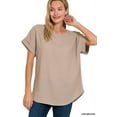thumbnail image 1 of Zenana Women's Round Neck Heavy Woven Boat Neck Rolled Short Sleeve Blouse Top, 1 of 4