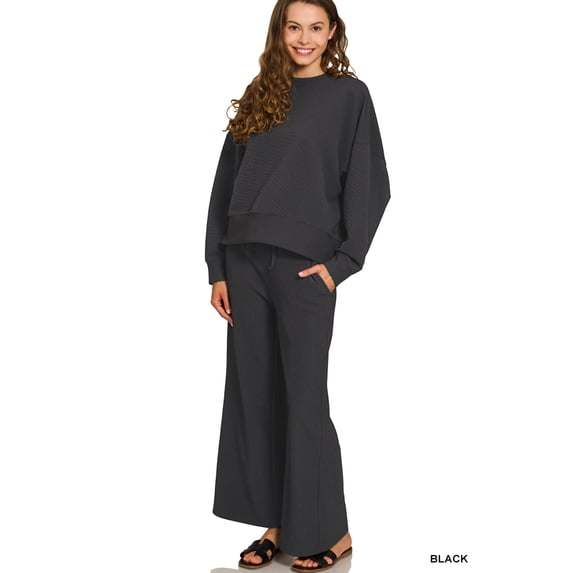 Zenana Women's Round Neck Long Sleeve Pullover Tee & Wide Leg Drawstring Pants Set
