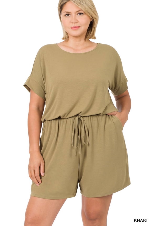 Women's Short Sleeve Romper with Elastic Waist & Keyhole Back Summer Loungewear