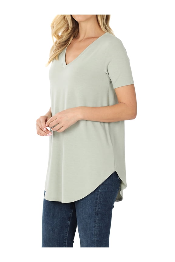Women's Short Sleeve V Neck Relaxed Fit Casual Round Hem Tee Shirt Top