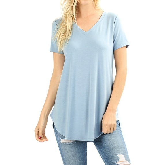Zenana Women's Short Sleeve V Neck Relaxed Fit Casual Round Hem Tee Shirt Top