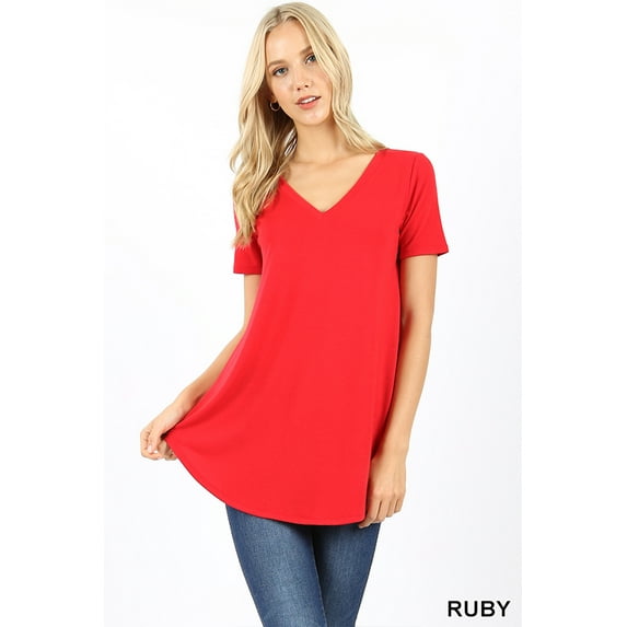 Zenana Women's Short Sleeve V Neck Relaxed Fit Casual Round Hem Tee Shirt Top