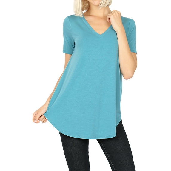 Zenana Women's Short Sleeve V Neck Relaxed Fit Casual Round Hem Tee Shirt Top