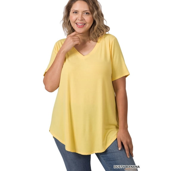 Zenana Women's Short Sleeve V Neck Relaxed Fit Casual Round Hem Tee Shirt Top
